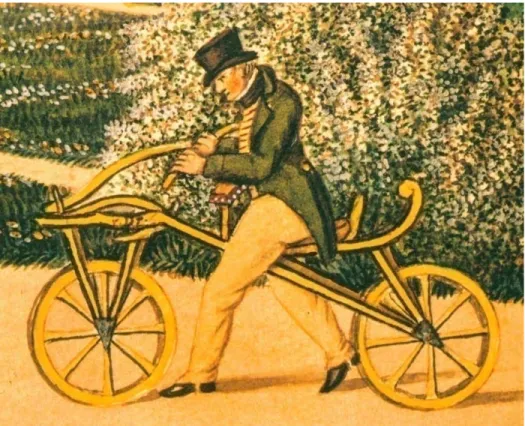Illustration : « Laufmaschine » ou « Draisienne », inventée en 1817 par le Baron Karl Von Drais pour se  déplacer plus vite dans les jardins royaux de Paris