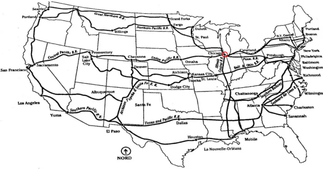 Figure 1 : Carte du réseau ferroviaire états-unien en 1900.