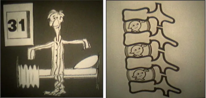 Figure 11 : Captures d'écran des films &#34;La marche&#34; (1973, à gauche) et &#34;Ménagez votre dos&#34; (1973, à droite)         