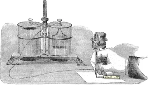 Figure 1 : Plume électrique d’Edison, avec sa pile (tiré de Niaudet, 1878, p. 325). 