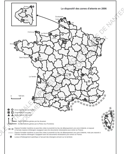 Figure  1-  Carte  des  zones  d'attente  en  France  juin  2006,  source:  Anafé