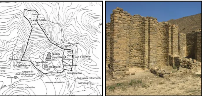 Figure 39. A gauche, le tracé de la Kalaa dans son relièf. A droite, vestiges du rempart 