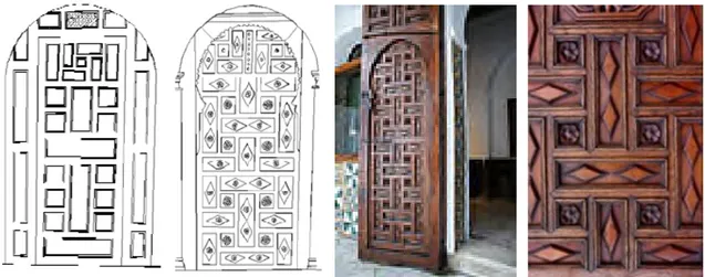 Fig. 20: Ouvrants en bois sculpté en motifs géométriques et éléments en bois les composants.