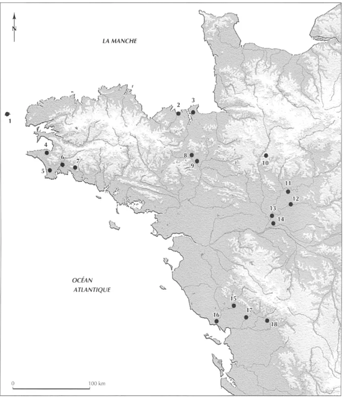 Fig. 45 - Carte de répartition des principaux sites de Bretagne et des Pays de la Loire  mentionnés dans le  texte,  voir tabl