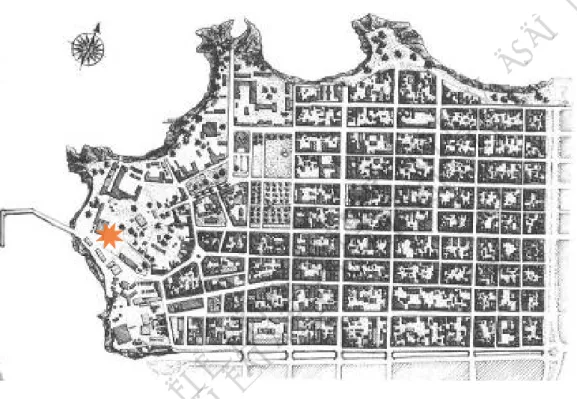 Fig. 60 Le plan en damier de la ville de Cayenne (source : Case Mo  Péi, CAUE de Guyane, 2000, Ibis Rouge Editions, – ill C.Bidaud) 