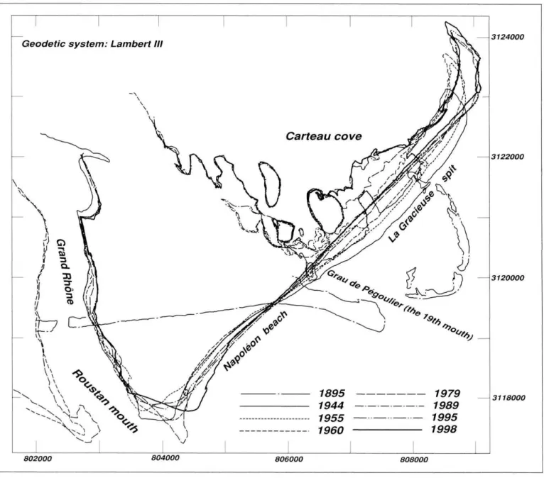 Fig. 6 - Shoreline changes of La  Gracieuse spit and  Napoléon  beach between 1895 and 1998