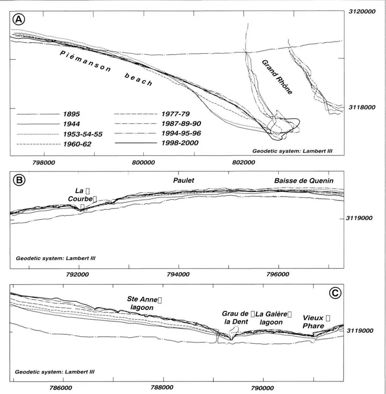 Fig. 7 - Shoreline changes on the littoral  of Faraman between  1895 and 2000. 