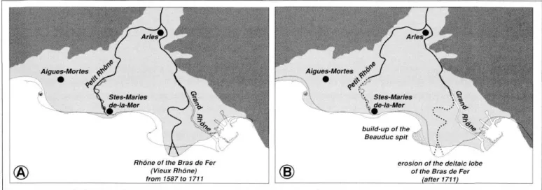 Fig.  2  - Défluvation  du Grand  Rhône d'après  L'Homer  et al.,  1981. A :  de 1587 à 1711 ;B: après 1711