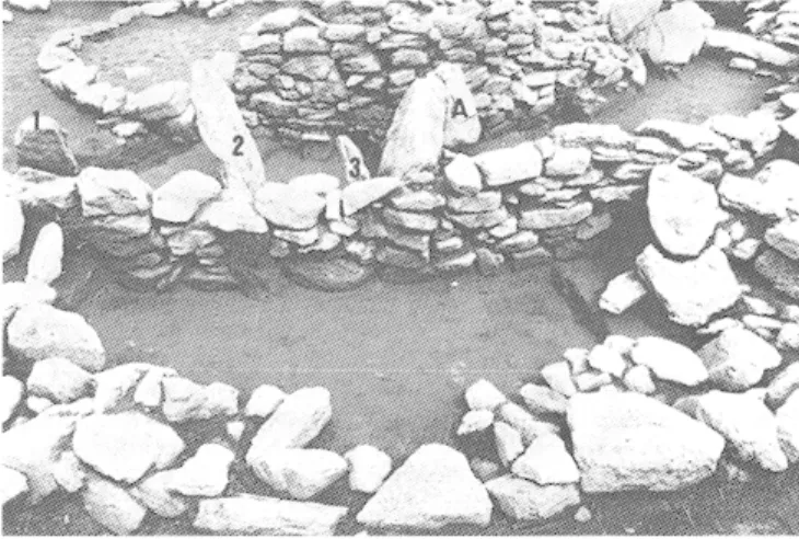 Fig. 66 - Saint-Priest-de-Gimel (Corrèze). Détail du quadrant sud-est  du tumulus du Puy-de-Lafont :  1-3,  pierres plantées ; A,  pierre  de chant masquant une « fenêtre »  à position solsticiale  (photo G