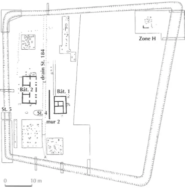 Fig. 69 - Arnac-la-Poste (Haute-Vienne).  Plan général de l'enclos de La Croix du Buis :  le bâtiment 2  pourrait être une hestiatoria (d'après Toledo i Mur,  1997-1998)