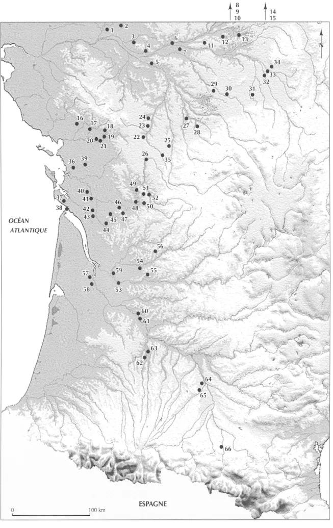 Fig. 62 - Carte de répartition  des sites  du Sud-Ouest de la France mentionnés dans le texte,  voir tableau III (fond de carte P