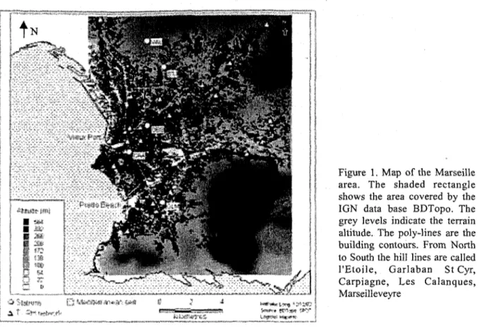 Figure 1. Map of thé Marseille area. Thé shaded rectangle shows thé area covered by thé IGN data base BDTopo