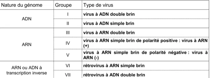 Tableau I 1 – Classification des virus selon la nature du génome viral, d’après D. Baltimore (1971)  et l’International Committee on Taxonomy of Viruses (ICTV)