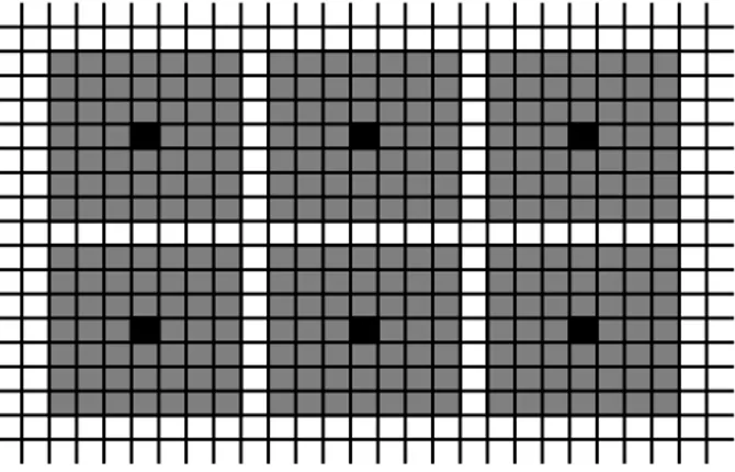 FIG. 3.3 – Les cases colori´ees repr´esentent des sommets de l’ensemble T n (en dimension d = 2,