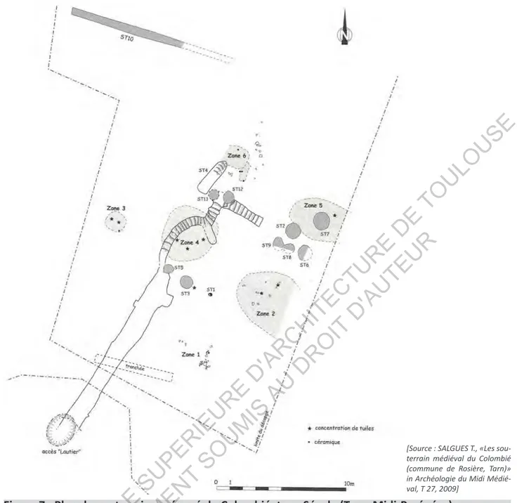 Figure 7 : Plan du souterrain aménagé du Colombié, type Ségala (Tarn, Midi-Pyrénées)