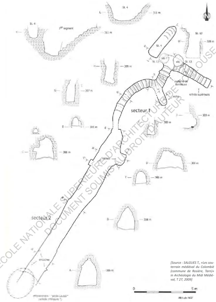 Figure 9 : Plan détaillé et coupes du souterrain aménagé du Colombié, type Ségala (Tarn, Midi- Midi-Pyrénées)