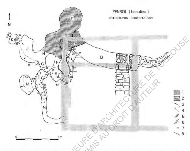 Figure 10 : Plan du souterrain aménagé de Beaulieu (Haute-Vienne, Limousin)[Source : CONTE P., GAUTHIER F., «Beaulieu, site d’habitat du Moyen-âge au XXe 