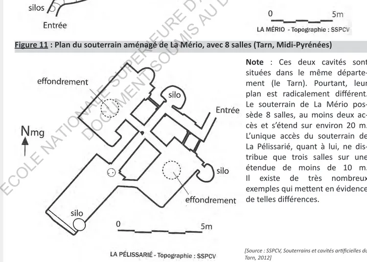 Figure 12 : Plan du souterrain aménagé de La Pélissarié, avec 3 salles (Tarn, Midi-Pyrénées)