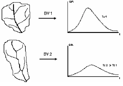 Figure 3.7. Influence de la forme du bassin versant sur l'hydrogramme de crue 