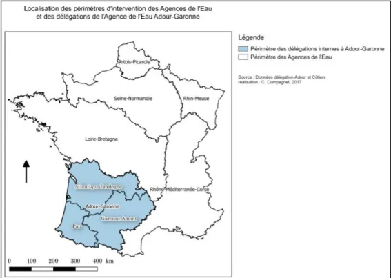 Figure 2 : Carte de localisation des périmètres d'intervention des Agences de l'Eau et délégations  