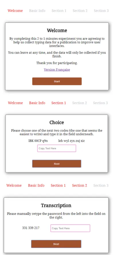 Figure 2.1: Screenshots from the experiment’s interface, featuring the welcome page and one example each from the Transcription and Choice sections.