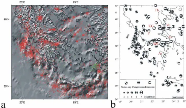 Fig.  1.6:  Distribution de la sismicité en Grèce superposée à la topographie et à la bathymétrie