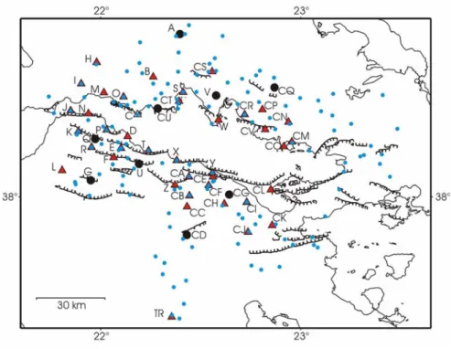 Fig. 2.2: Répartition des différents points GPS dans le Golfe de Corinthe. Les triangles rouges représentent les 