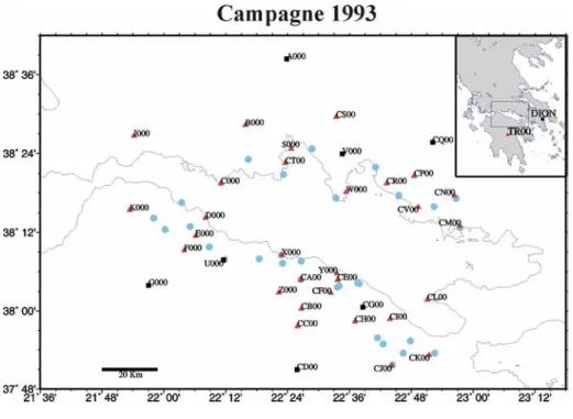 Fig. 2.5:  Network measured in  November and December 1992. Red triangles, blu dots and black squares 