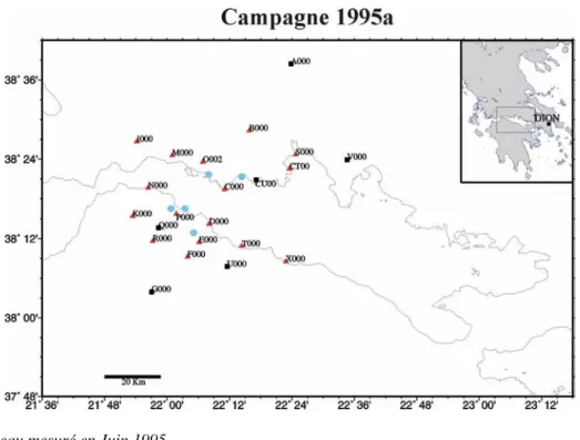Fig. 2.7: Network measured in September 1994. Red triangles, blu dots and black squares indicate respectively 