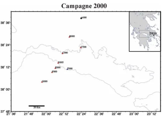Fig. 2.11: Network measured in September and October 1999. Red triangles, blu dots and black squares indicate 