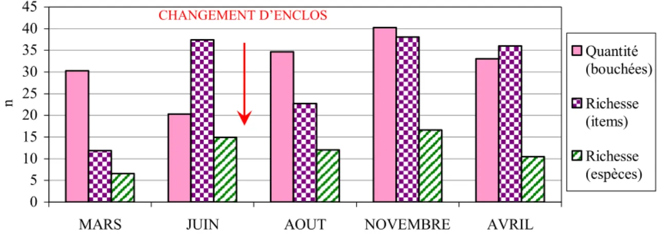 Figure 18:  Quantité du régime (en nombre de bouchées par jour et par animal) et richesse du  régime (pointillés : en nombre d’items, moyenne des individus ; hachuré : en nombre d’espèces,  moyenne des individus) sur l’ordonnée de gauche, indice de Shannon sur l’ordonnée de droite, aux 