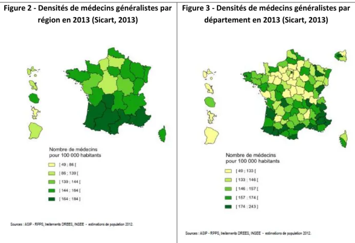 Figure 3 - Densités de médecins généralistes par  département en 2013 (Sicart, 2013) 