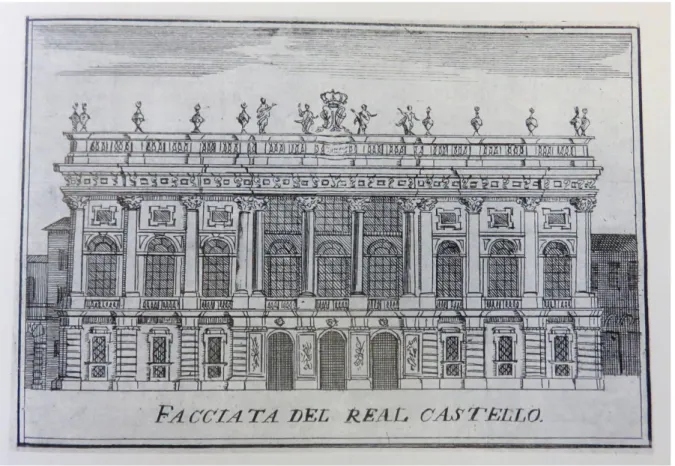 Fig. 5 :  Antonio Beltramo Re, « Facciata del Real Castello » aujourd’hui nommé Palazzo Madama, in  Giovanni Gaspare CRAVERI, Guida de’ Forestieri per la Real Città di Torino, 1753, Biblioteca  Civica di Torino