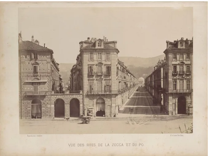 Fig. 12 :  Henri Le Lieuré, &#34;Vue des rues de la Zecca et du Po &#34;, Turin ancien et moderne, 1867