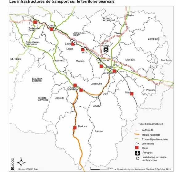 Figure 10: Les infrastructures de transport sur le territoire béarnais.M. Dussarrat. 2015 