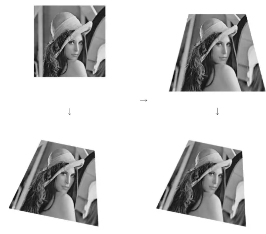 Figure 2.6: Illustration de la d´ecomposition d’un mouvement complet de cam´era. ` A gauche, de haut en bas, l’image de Lena, et l’image film´ee par la cam´era apr`es un mouvement param´etr´e par (θ, α, β, A, B, C) = ( −π/2, 0.1, −0.2, 0.5, −0.5, −0.05)