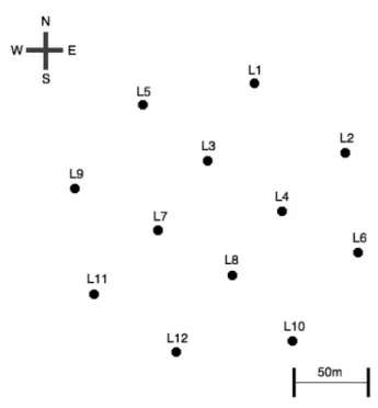 Figure 2.4: Positions of the anchors of the ANTARES lines on the seabed.