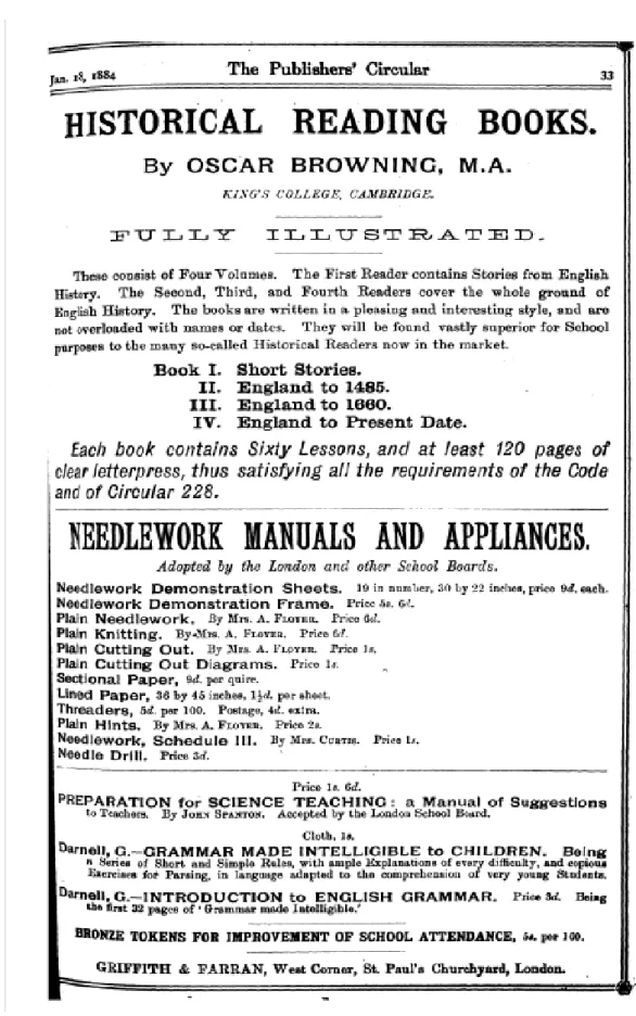 Illustration 2: Advertisement for Browning's Historical Reading Books in The Publishers’ Circular,  47, 1112 (18 January 1884:33).