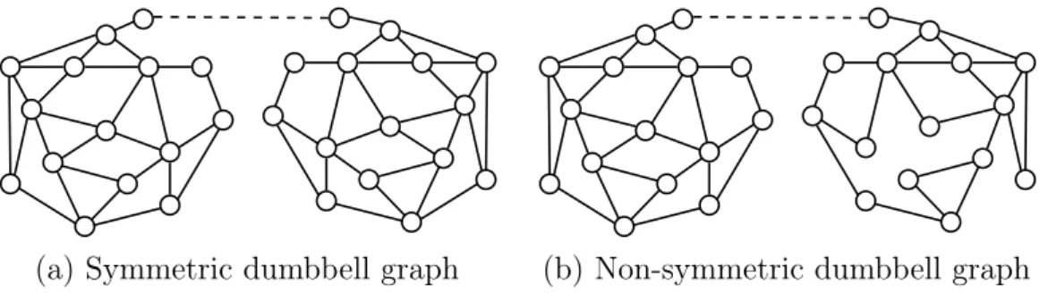 Figure 1.6: Consider a special class of graphs that we call dumbbell graphs. These are graphs formed by (1) taking two graphs, that we call primary graphs, that have the same number of nodes, and that are both are non-symmetric, and (2) linking them by a p