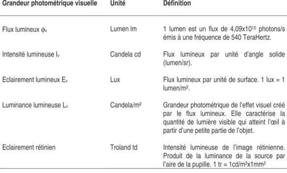 Tableau 1 : Description des grandeurs visuelles 