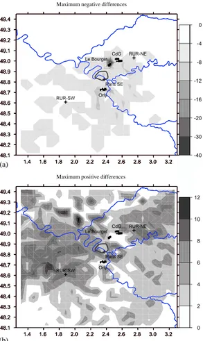 Fig. 5. Composite maps of differences in ozone concentrations between C AT and C REF : For each grid cell, the extreme difference (positive and negative) over the whole simulated period is represented in ppb.