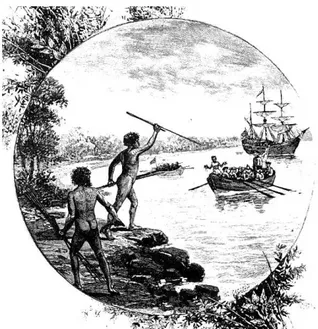 Fig. 2. An engraving showing natives of the Gweagal tribe opposing                                                       the arrival of Captain James Cook in 1770 36