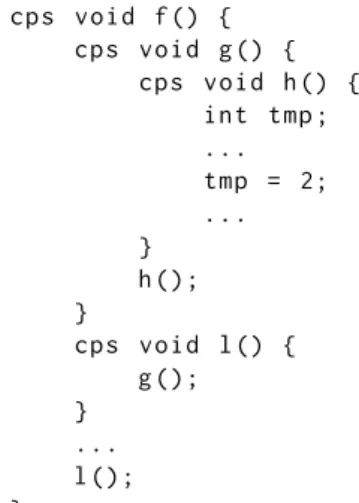 Figure 3.20: Percolating of local variable cps void f () { cps void g () { cps void h () { int tmp ; ..