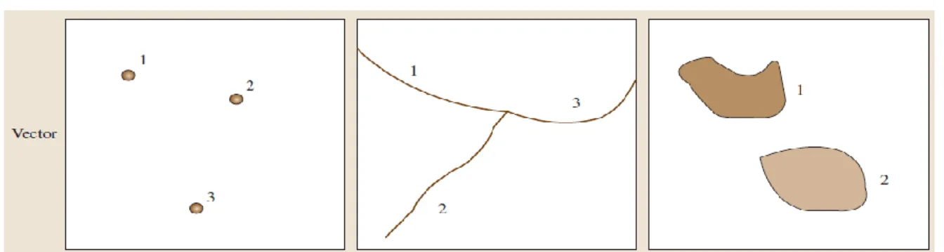 Figure  4  Format  vectorielle ;  de  la  gauche  à  droite :  Points,  lignes  et  polygone  (Source : 