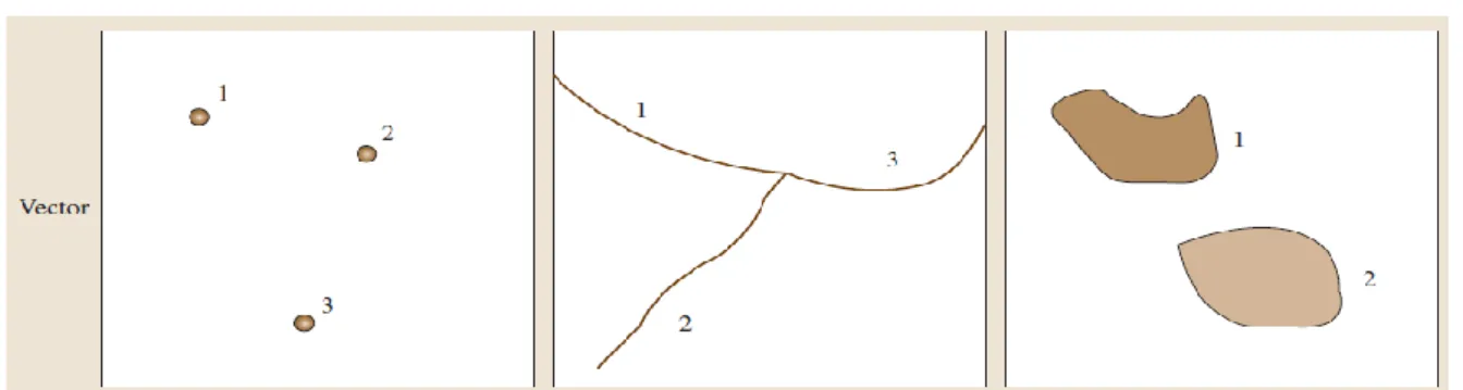 Figure  4  Format  vectorielle ;  de  la  gauche  à  droite :  Points,  lignes  et  polygone  (Source : 