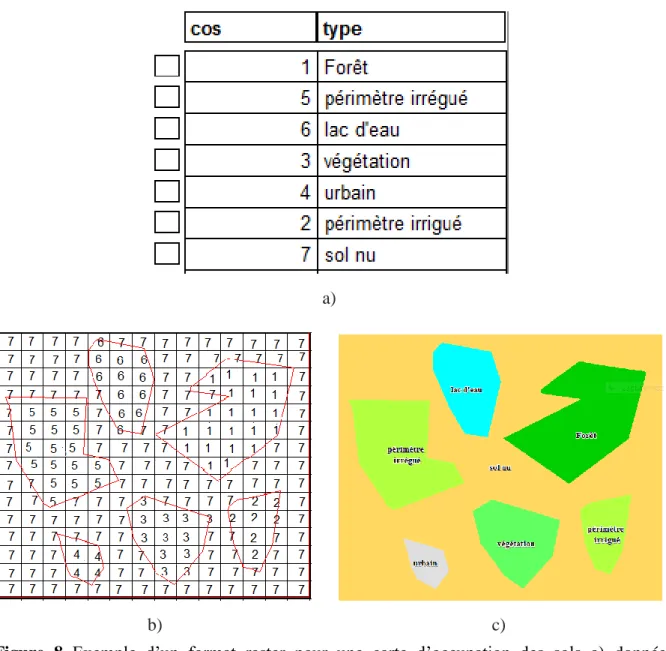 Figure  8  Exemple  d‟un  format  raster  pour  une  carte  d‟occupation  des  sols  a)  données 