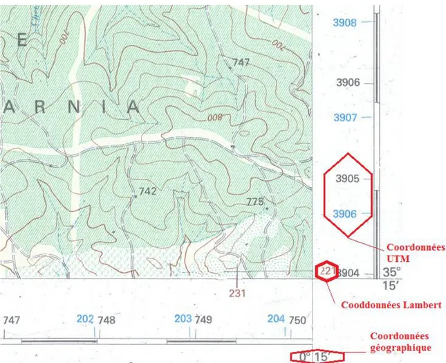 Figure 13 exemple  d‟un extrait de carte topographique dont coordonnées sont exprimées en 