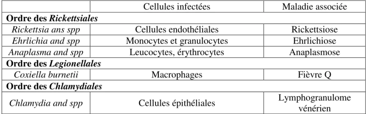 Table 1   Bactéries à multiplication intracellulaire obligatoire 