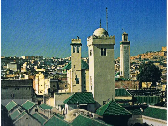 Figure 02 : Vue de la ville de Fès et de la mosquée Qarawiyyine édifiée par les Almoravides à partir  de 1135