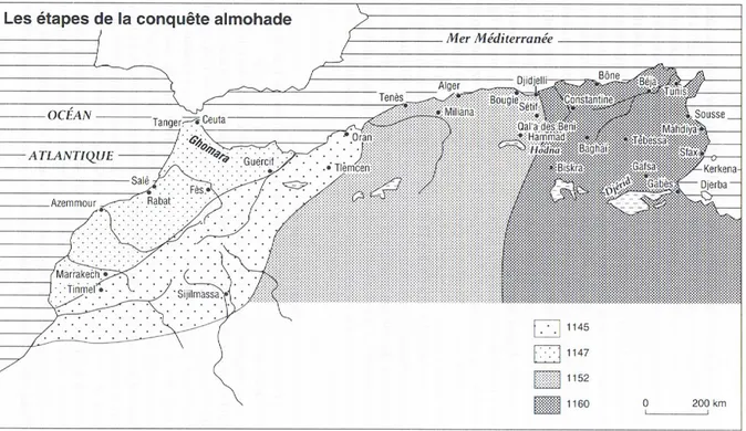 Figure 03 : Les étapes de la conquête almohade.    Source : Histoire de l’Afrique du Nord, des origines à 1830, p.45                                                             